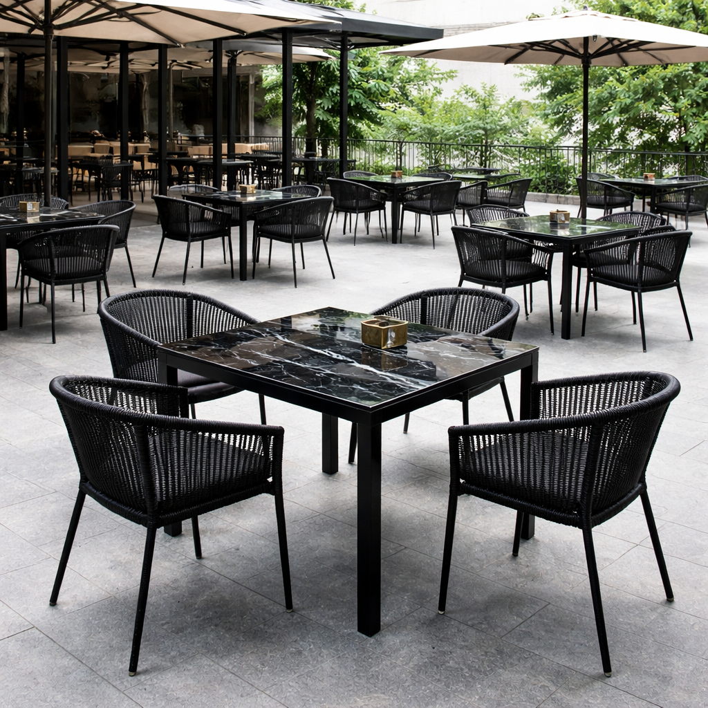terraza restaurante con Mesa dafne de aluminio y compac marmol negro