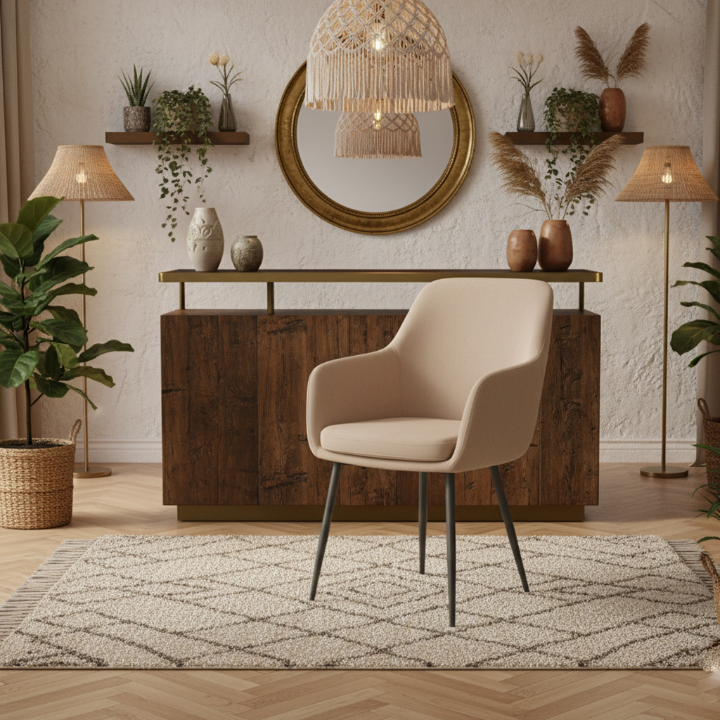 sillón tapizado beige de acero negro para restaurante.